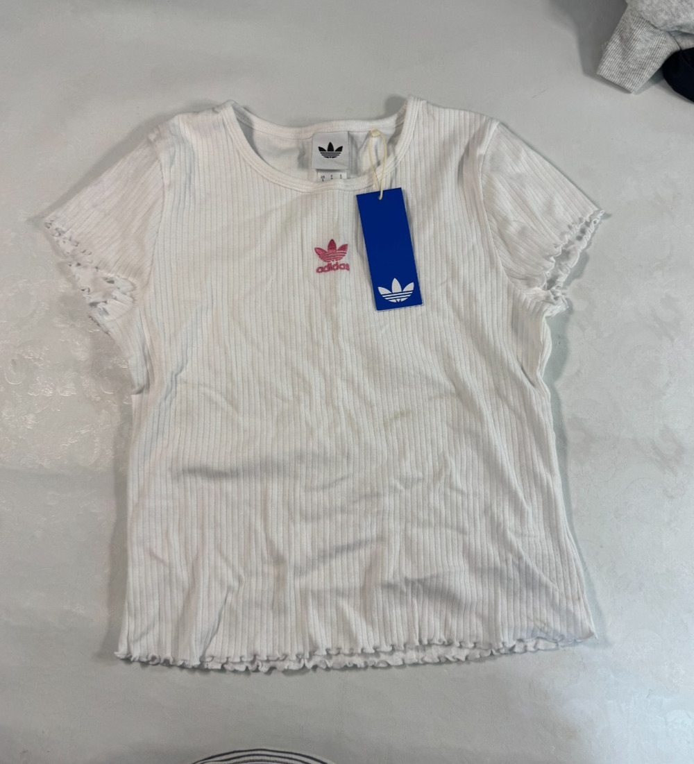 Adidas Originals Women's Lettuce Tee White Pink Ribbed Crop T-Shirt L Read - Picture 1 of 4